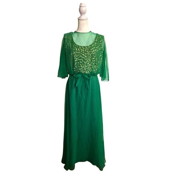 Mike Benet Formals Gorgeous Vintage 70s Emerald Green Chiffon Long Dress Size 14 - Picture 3 of 11